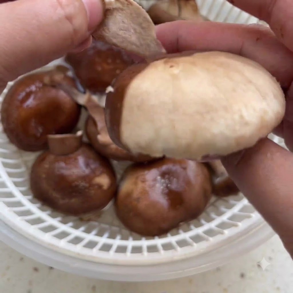 Manos pelando la capa exterior de un champiñón shiitake fresco sobre un colador.