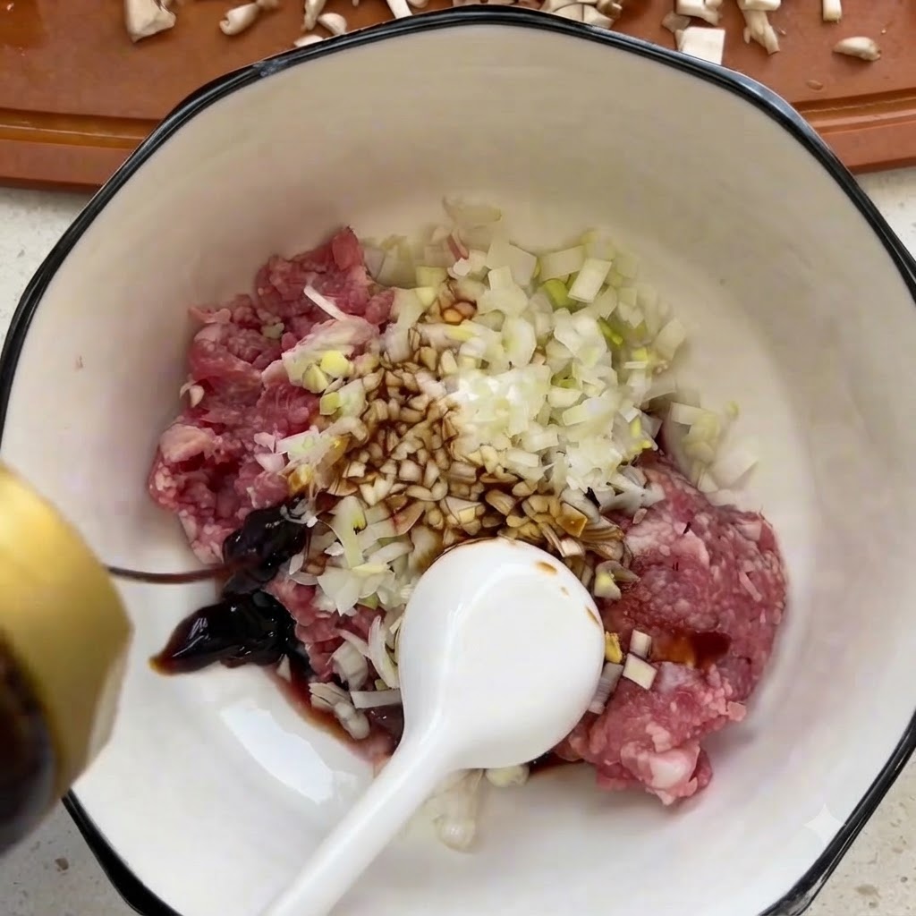 Carne picada en un tazón blanco siendo mezclada con champiñones shiitake picados y condimentos líquidos.