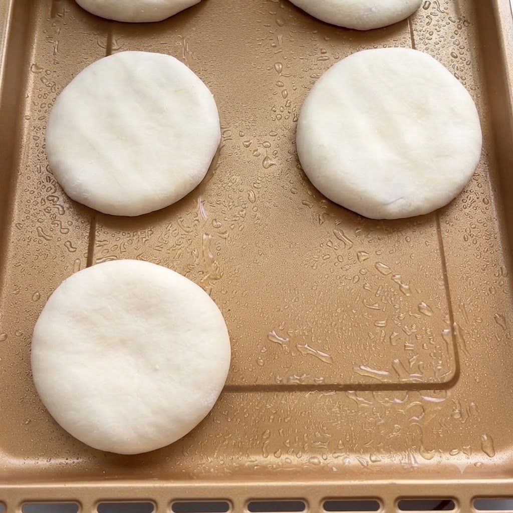 Masa fermentada siendo estirada en una hoja larga sobre una superficie de trabajo.