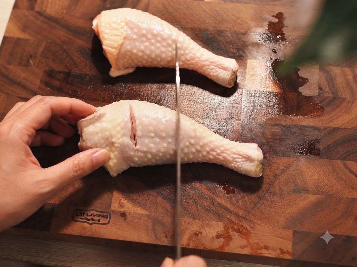 Manos marcando muslos de pollo crudos con un cuchillo afilado sobre una tabla de cortar de madera.