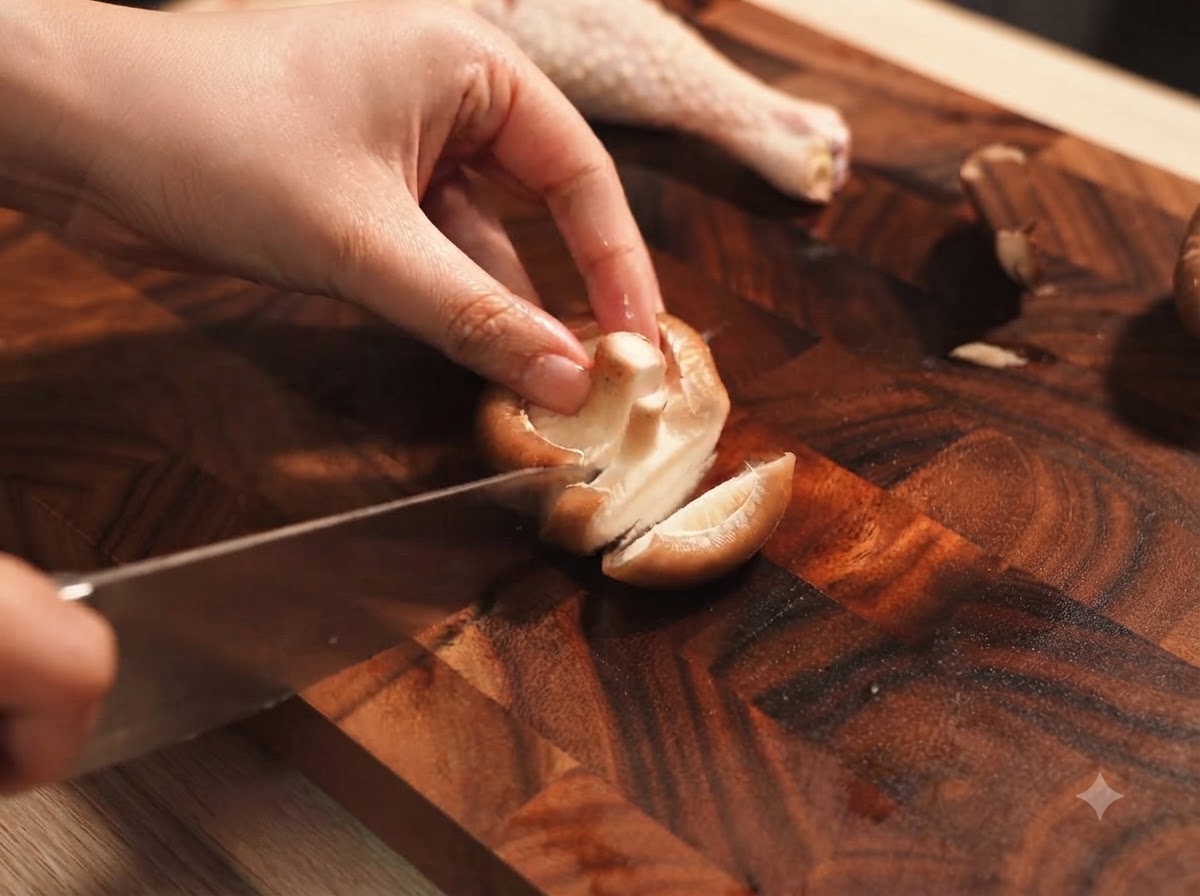 Hongos shiitake frescos siendo cortados con un cuchillo en una tabla de cortar de madera.