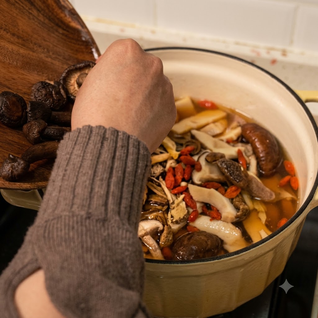 Hongos frescos y rehidratados surtidos siendo vertidos desde un plato de madera a la olla.