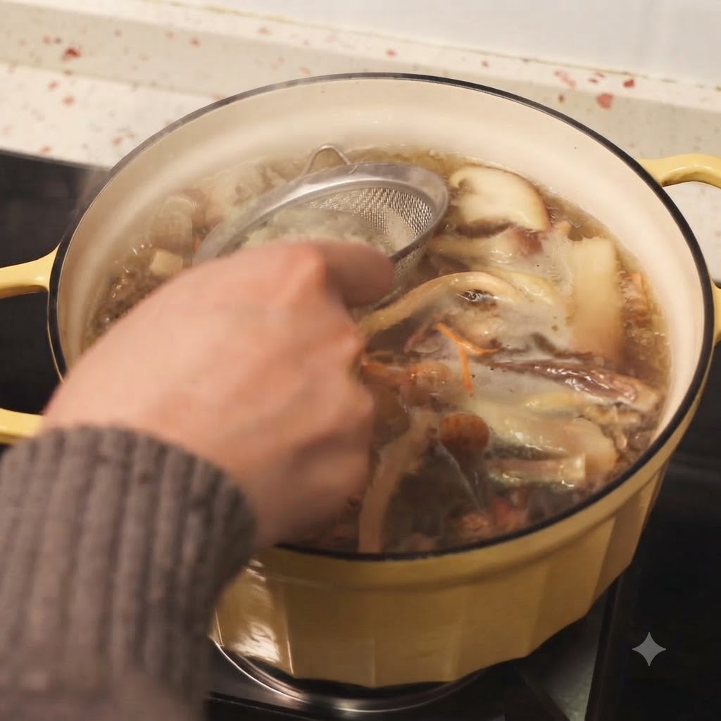 Una mano usando un colador de malla para eliminar la espuma de una olla de sopa de pollo hirviendo.
