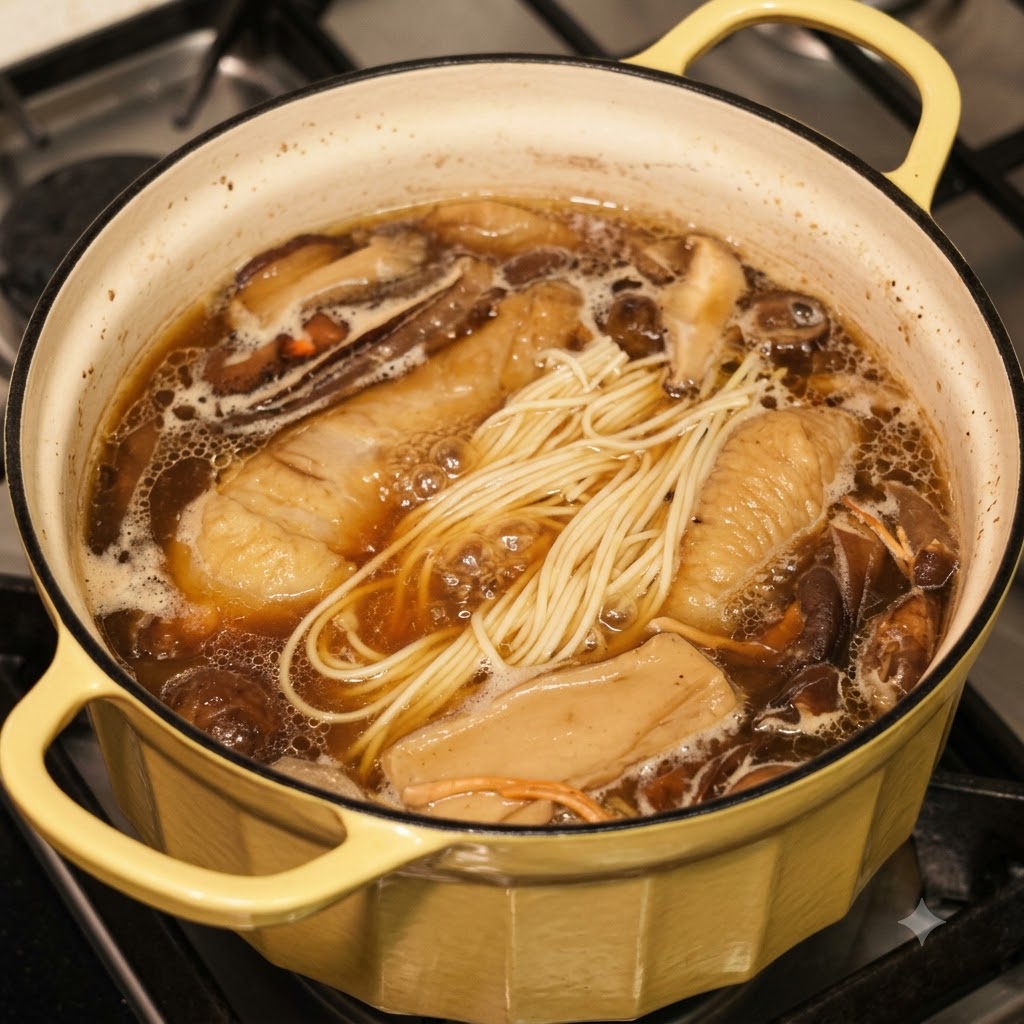 Una olla de sopa de fideos con pollo y hongos cociéndose en la estufa.