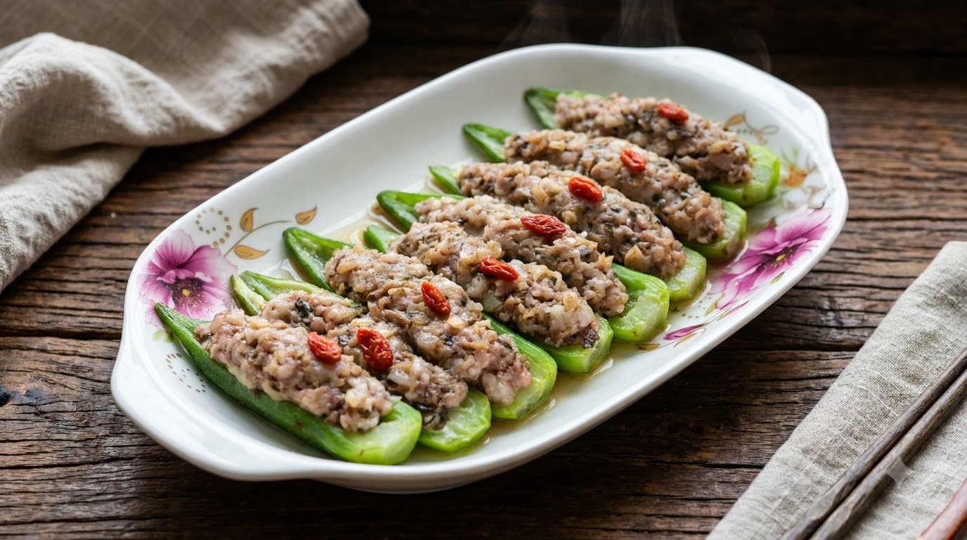 Okra rellena de cerdo picado al vapor