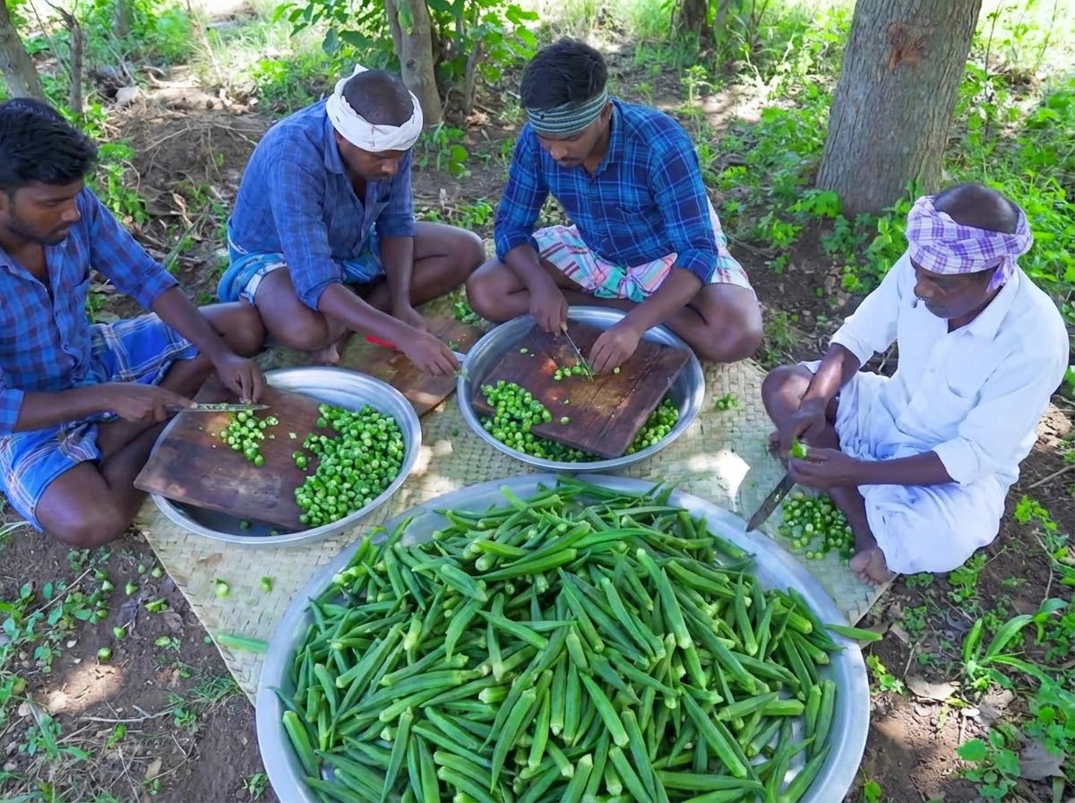 Varias personas sentadas cortando okra verde cruda en tablas de picar de madera.