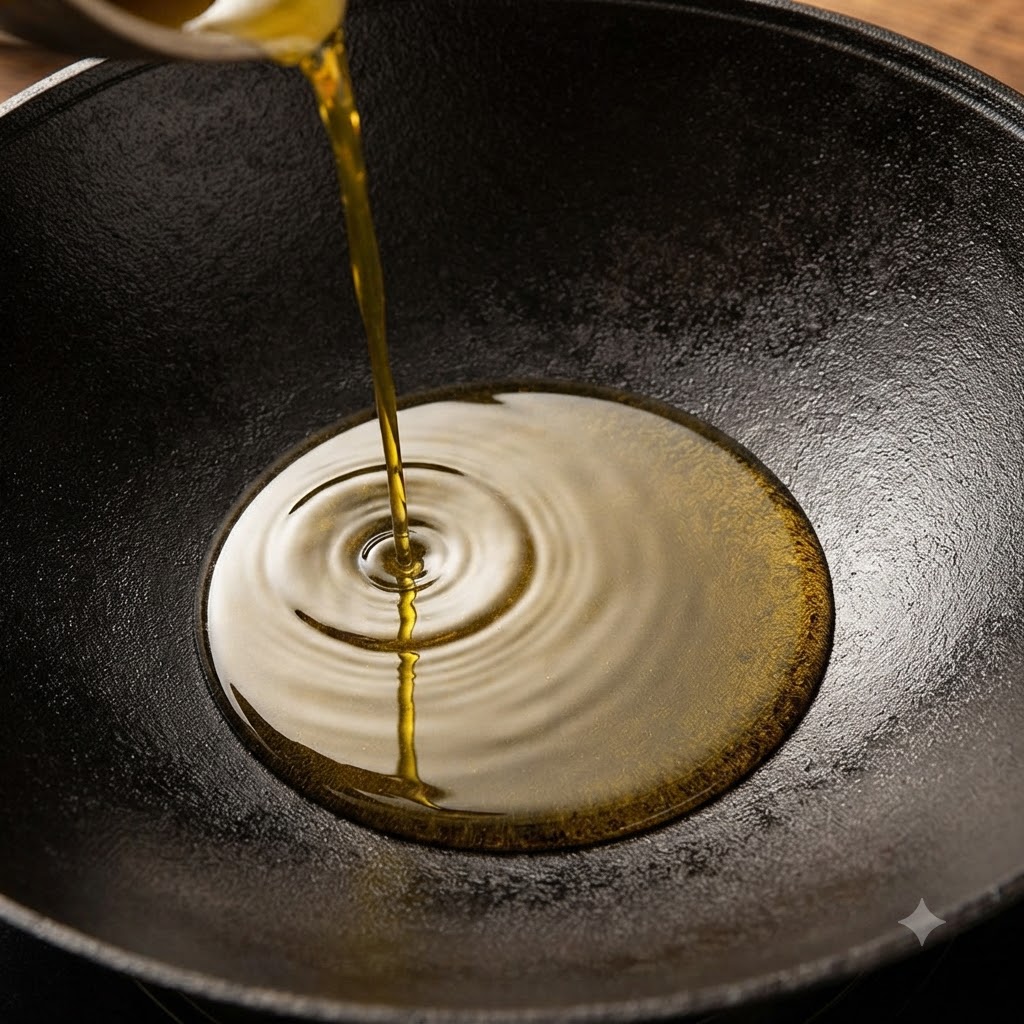 Aceite de cocina siendo vertido desde arriba en un wok de hierro negro grande y sazonado, creando ondas en la superficie.