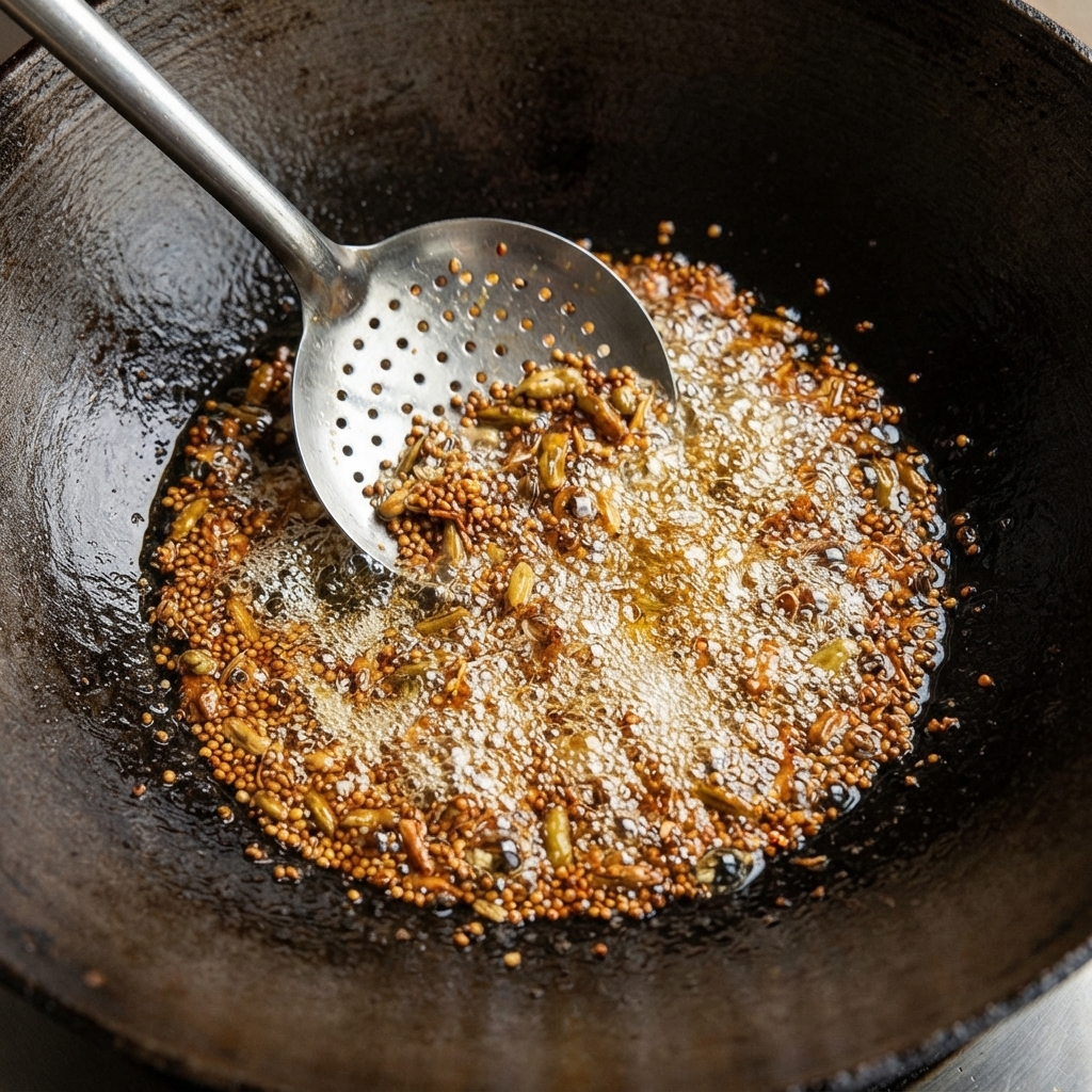 Semillas de mostaza y lentejas friéndose y burbujeando vigorosamente en aceite caliente dentro de un wok de hierro grande, revueltas con una cuchara ranurada.