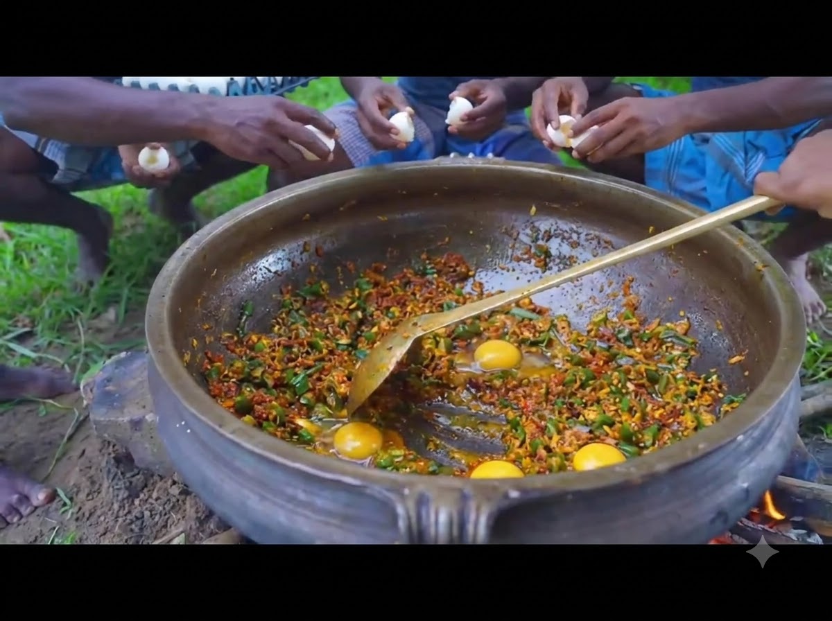 Varias manos rompiendo huevos crudos directamente en una olla de hierro grande llena con una mezcla de verduras especiadas.