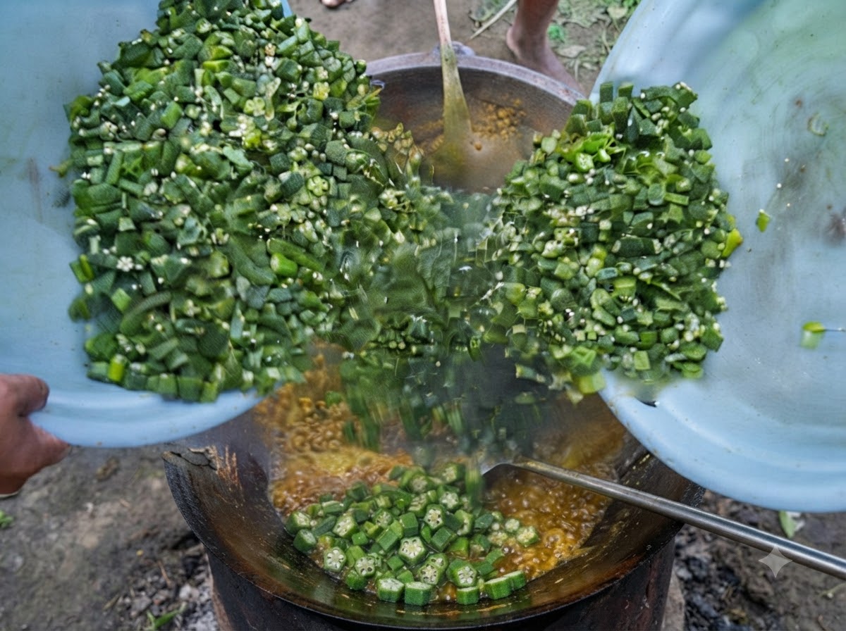 Dos recipientes azules virtiendo okra verde picada en una olla de hierro grande que contiene la mezcla cocida de huevo y especias.