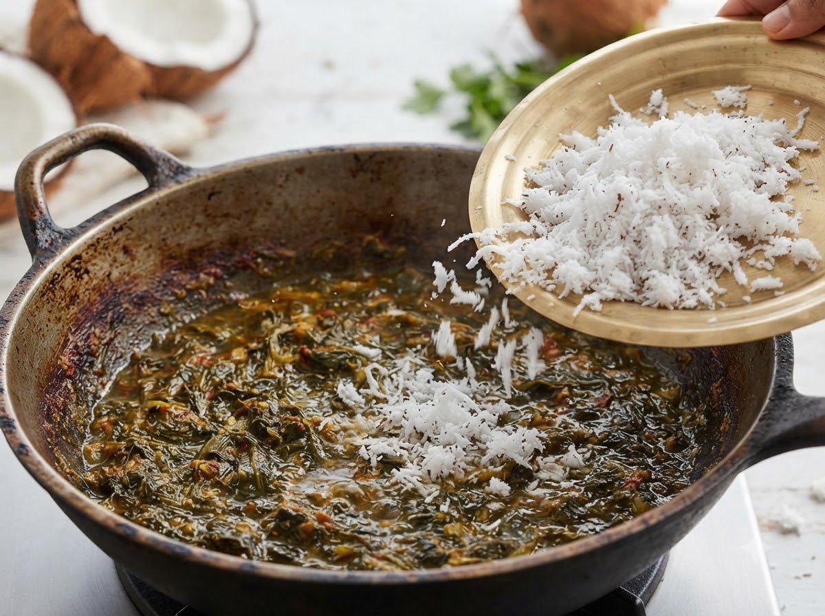 Un plato de latón que contiene coco blanco recién rallado siendo espolvoreado en una olla oscura con comida a fuego lento.