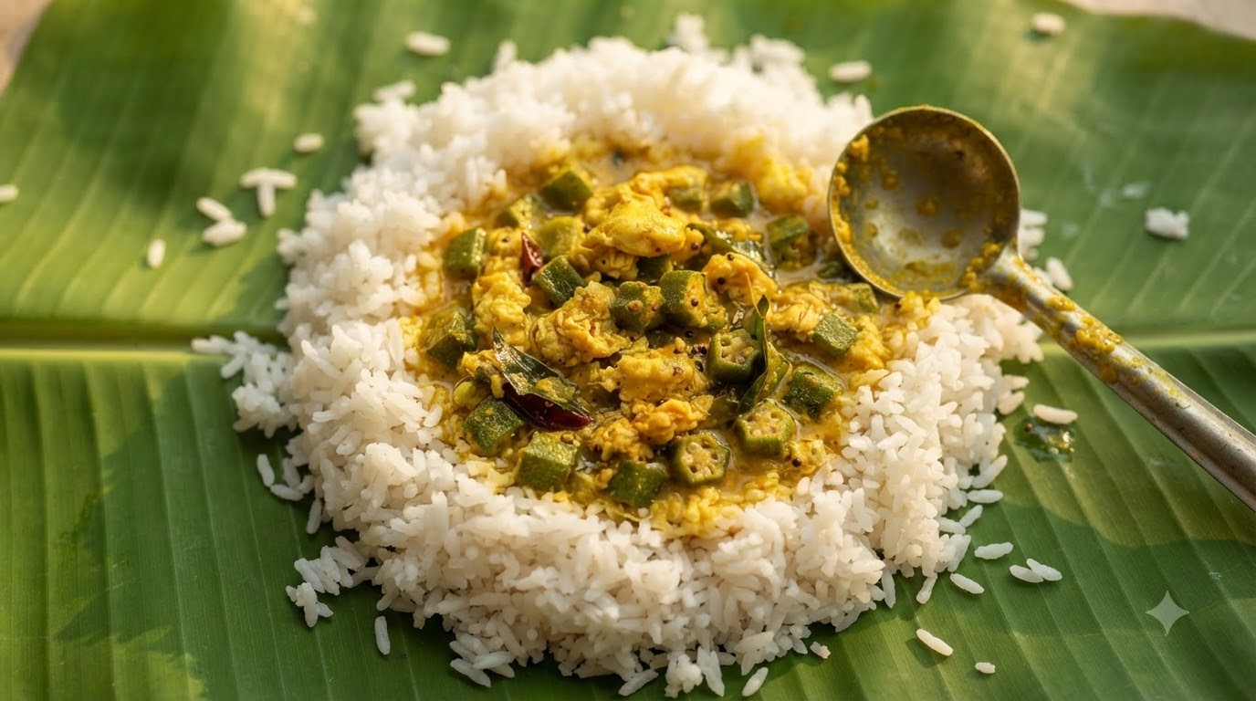 Una porción de curry indio de okra y huevo servida sobre arroz blanco esponjoso en una hoja de plátano verde fresca.