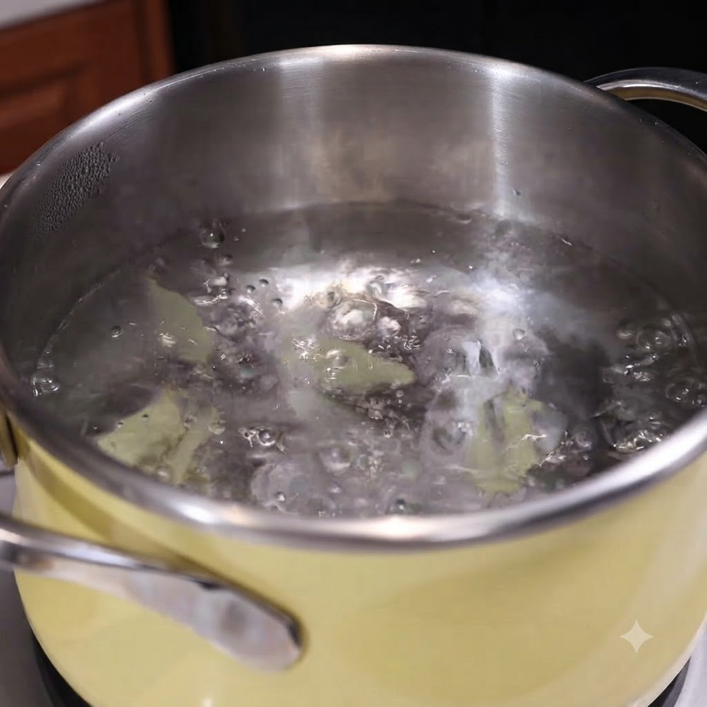Almejas y cubos de tofu hirviendo a fuego lento en una olla con agua hirviendo y rodajas de jengibre.