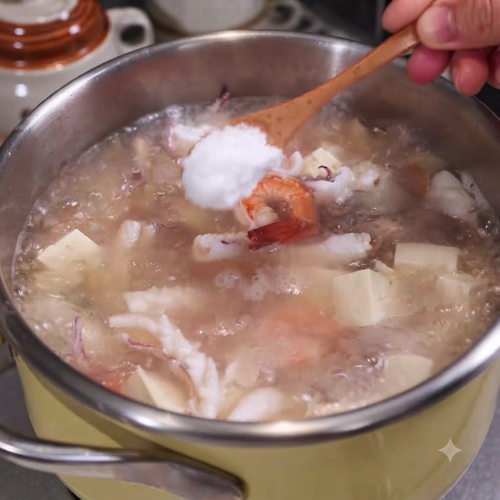 Una cucharada de sal siendo añadida a una olla hirviendo de sopa de mariscos y tofu.