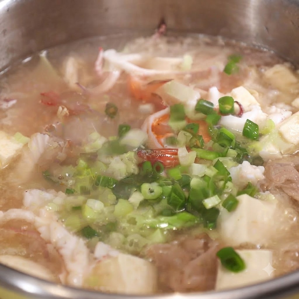 Cebollinos y apio picados esparcidos sobre la parte superior de una olla terminada de sopa de mariscos.