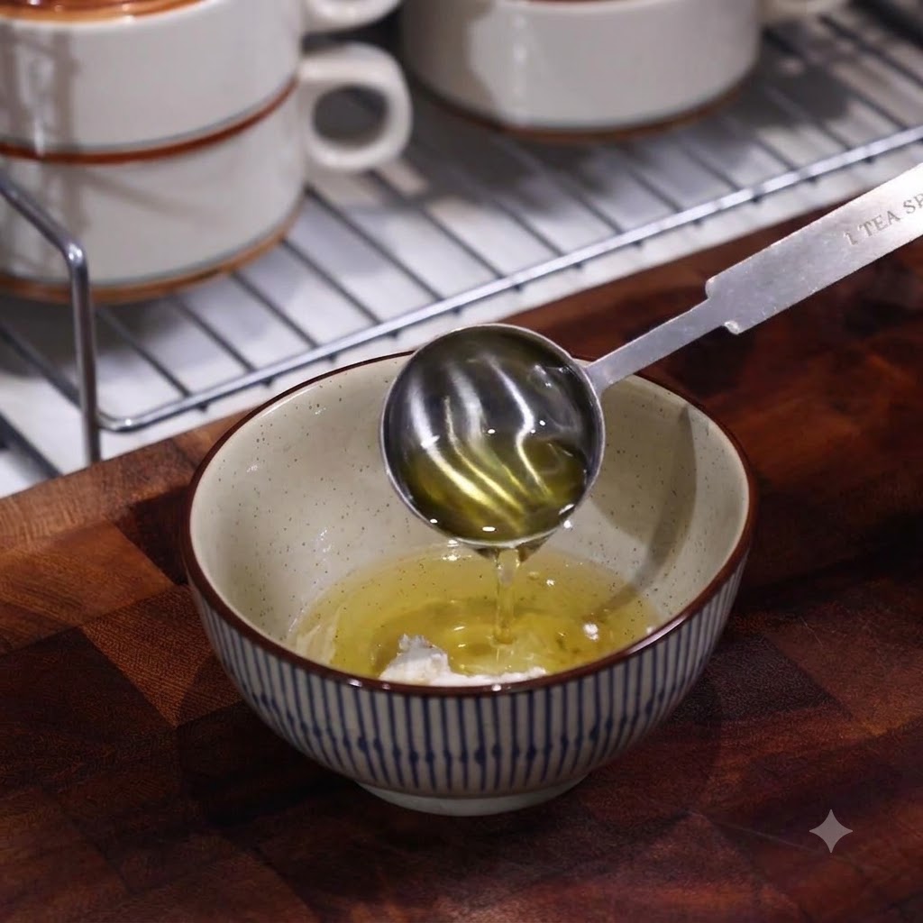 Aceite siendo vertido desde una cuchara en un tazón pequeño que contiene harina y agua para la masa de las empanadillas.