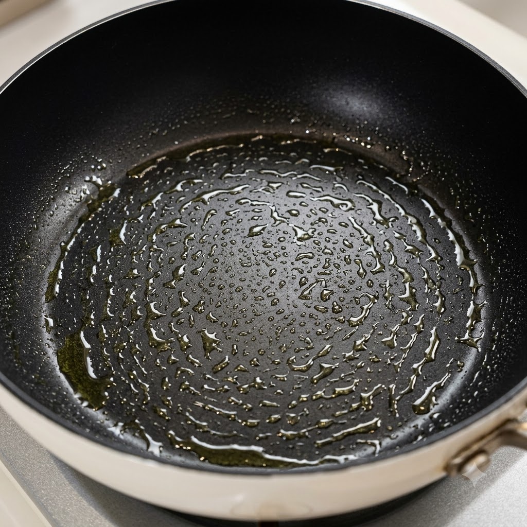 Una sartén antiadherente de fondo plano rociada con gotas de aceite, lista para las empanadillas.