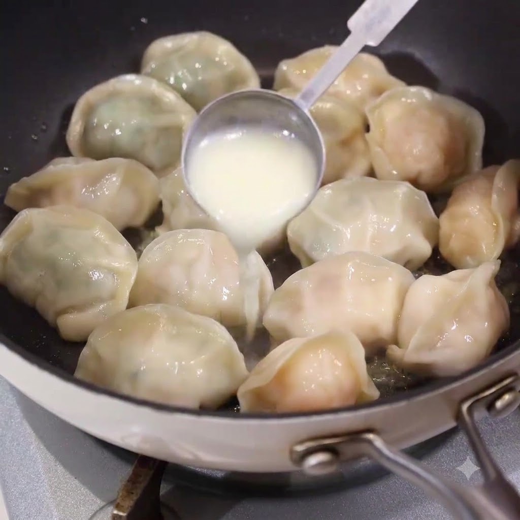 Una cuchara vertiendo masa líquida blanca en los espacios entre las empanadillas que se cocinan en una sartén.