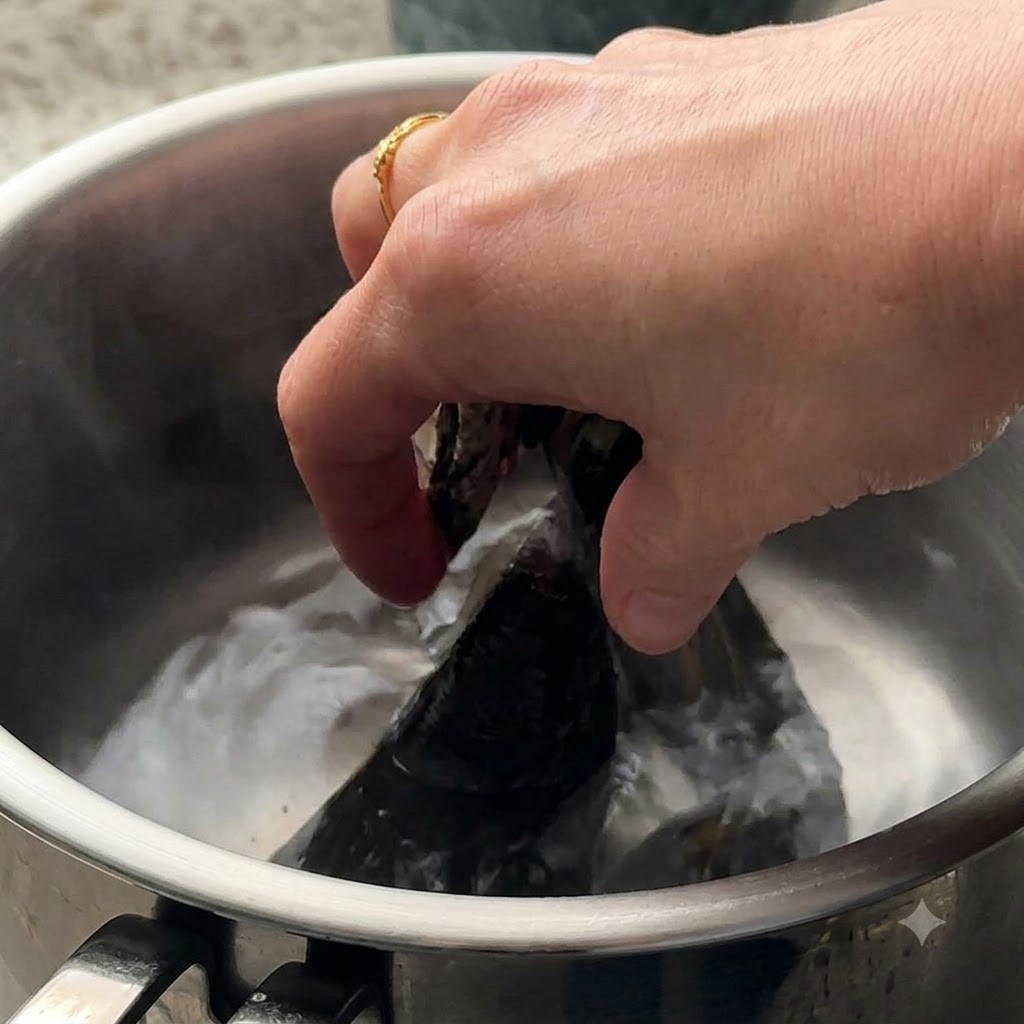 Almejas y mejillones verdes colocados en agua hirviendo en una olla.