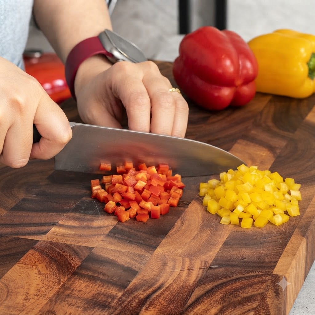 Pimientos rojos y amarillos siendo cortados en cubos con un cuchillo de chef en una tabla de madera.