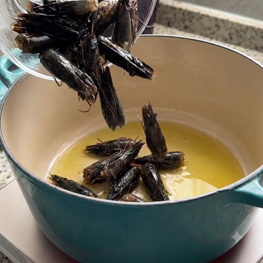 Cabezas de camarón siendo vertidas en una olla con aceite de oliva caliente para extraer sabor.