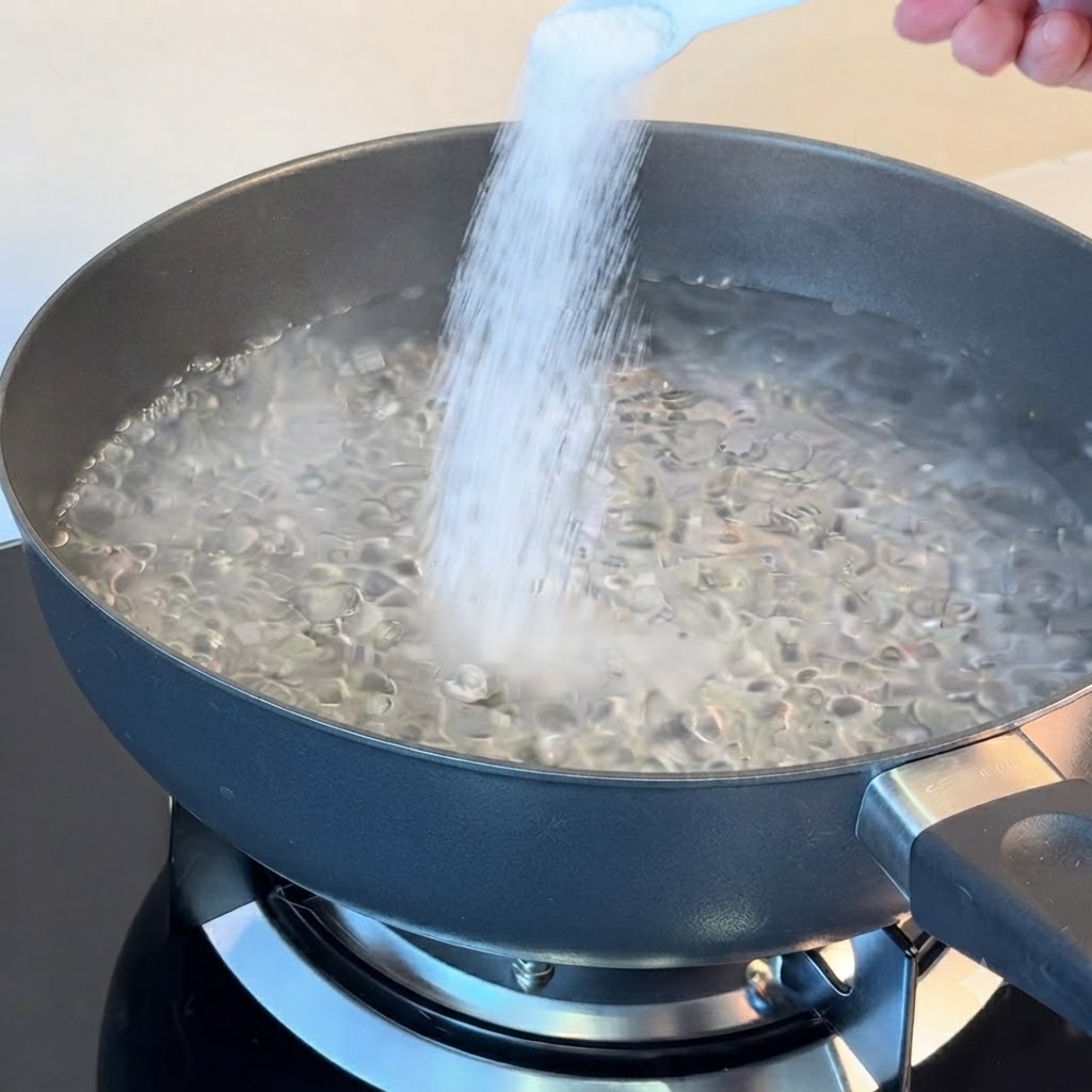 Una mano sosteniendo una cuchara blanca para verter sal en una olla oscura de agua hirviendo rápidamente.
