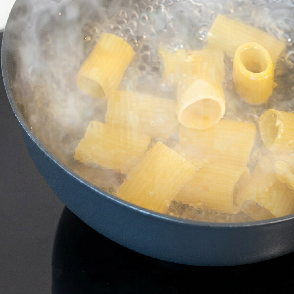Pasta de tubo grande seca hirviendo en una olla con agua caliente.