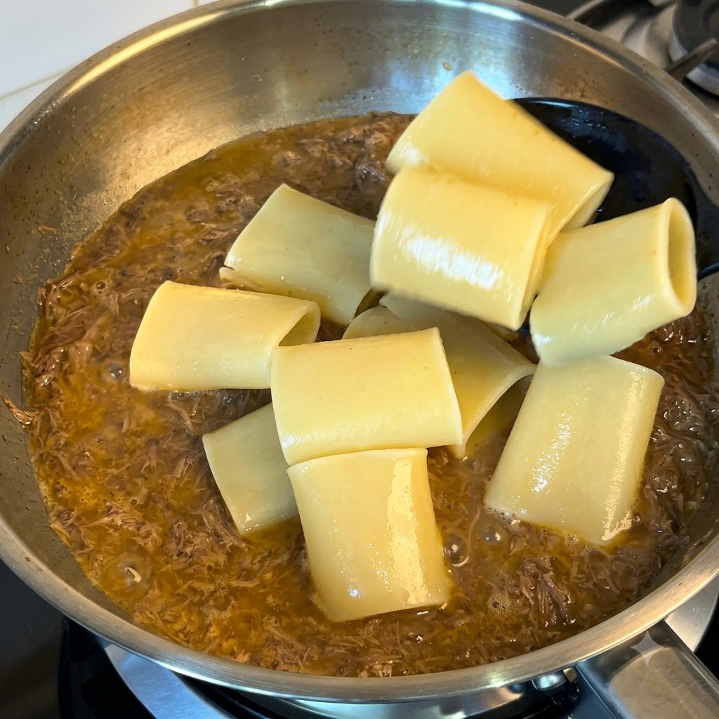 Una espumadera negra transfiriendo pasta cocida a una sartén con salsa de carne a fuego lento.