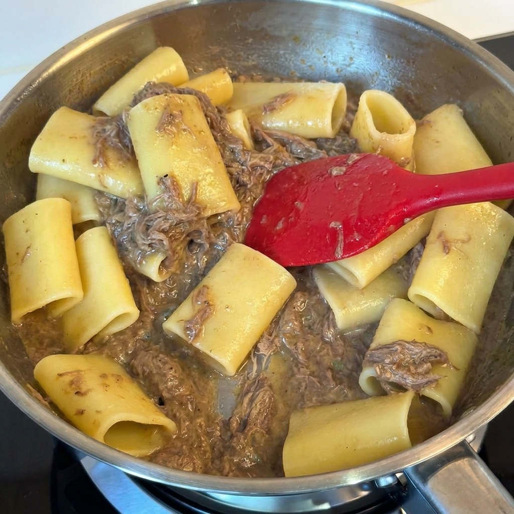 Pasta de tubo grande siendo mezclada con carne desmechada en una sartén usando una espátula roja.