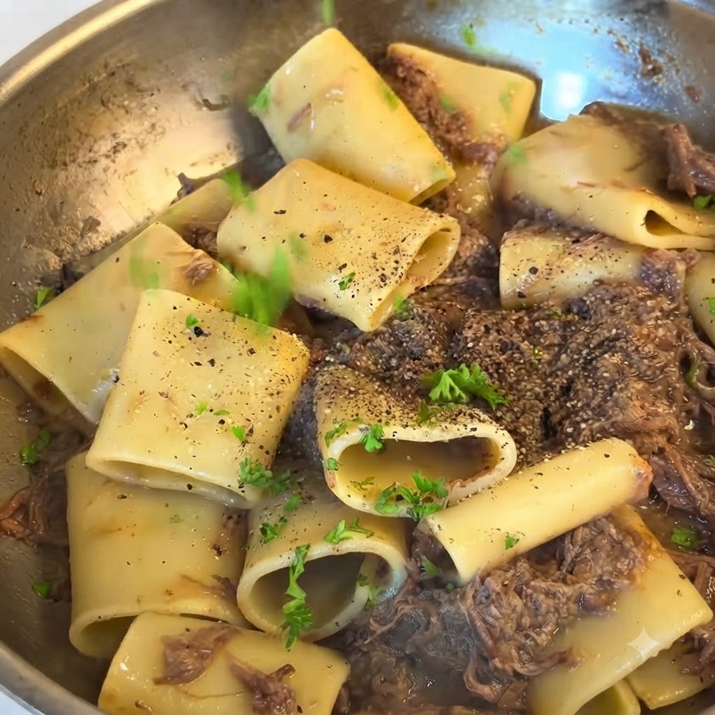 Perejil fresco recién picado y pimienta negra espolvoreados sobre el plato de pasta en la sartén.