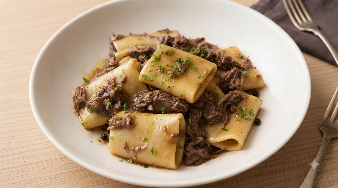Deliciosa pasta con ragú de ternera desmechada