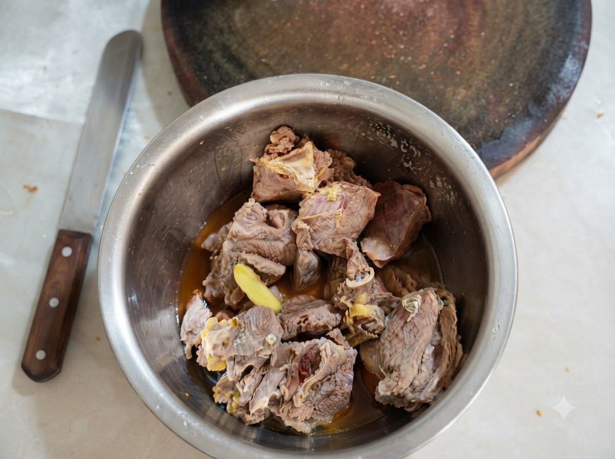Trozos de falda de ternera cocidos en un bol de metal junto a una tabla de cortar.