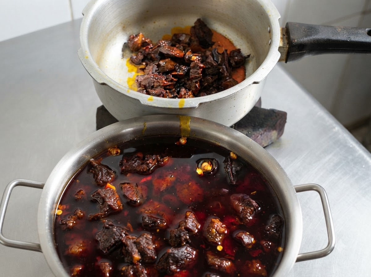 Ternera estofada y salsa roja rica siendo transferidas desde un wok a un gran recipiente metálico.