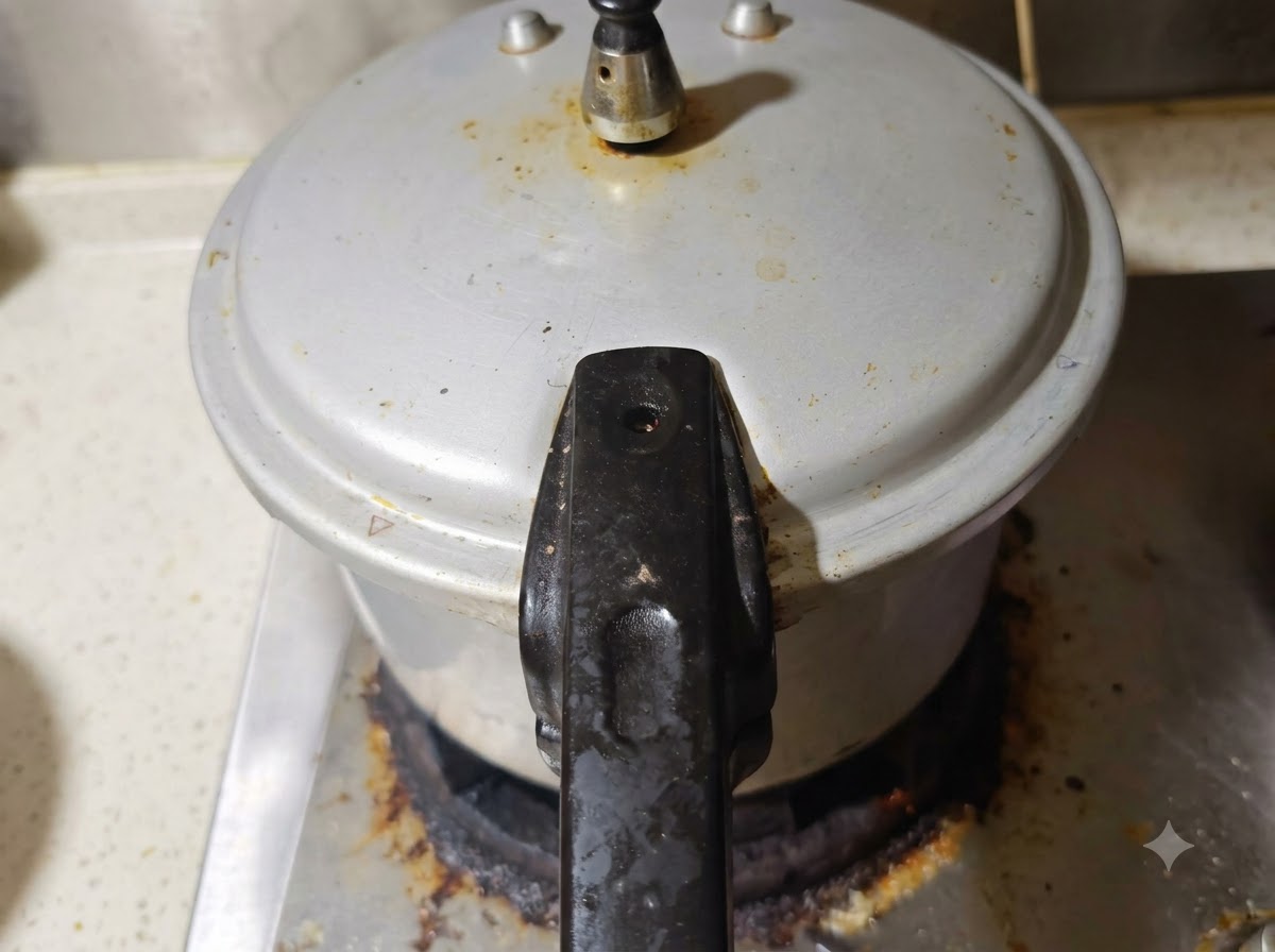 Una olla a presión cargándose con la mezcla de ternera estofada, lista para ser sellada y cocinada.