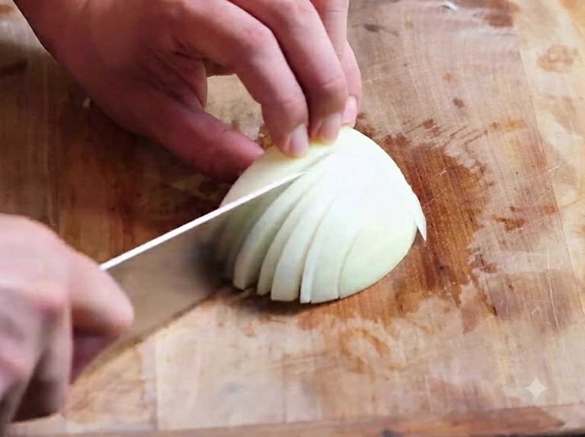 Un cuarto de cebolla siendo cortado en trozos finos con un cuchillo sobre una tabla de cortar de madera.