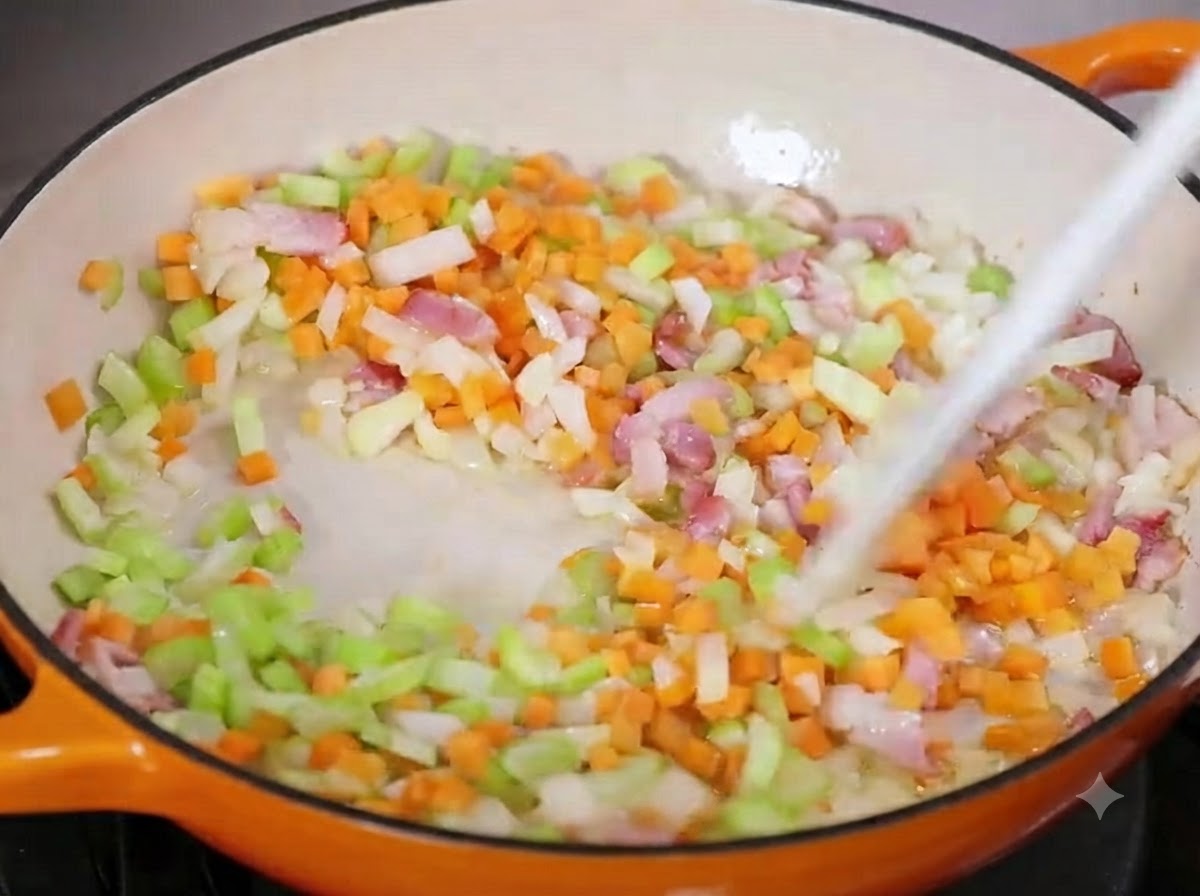Verduras en cubitos y tocino siendo mezclados y revueltos juntos en una sartén al fuego.