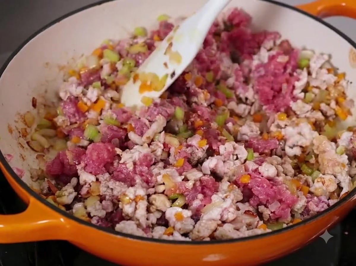 Carne picada de res y cerdo siendo mezclada con verduras en cubitos en una sartén grande usando una espátula blanca.
