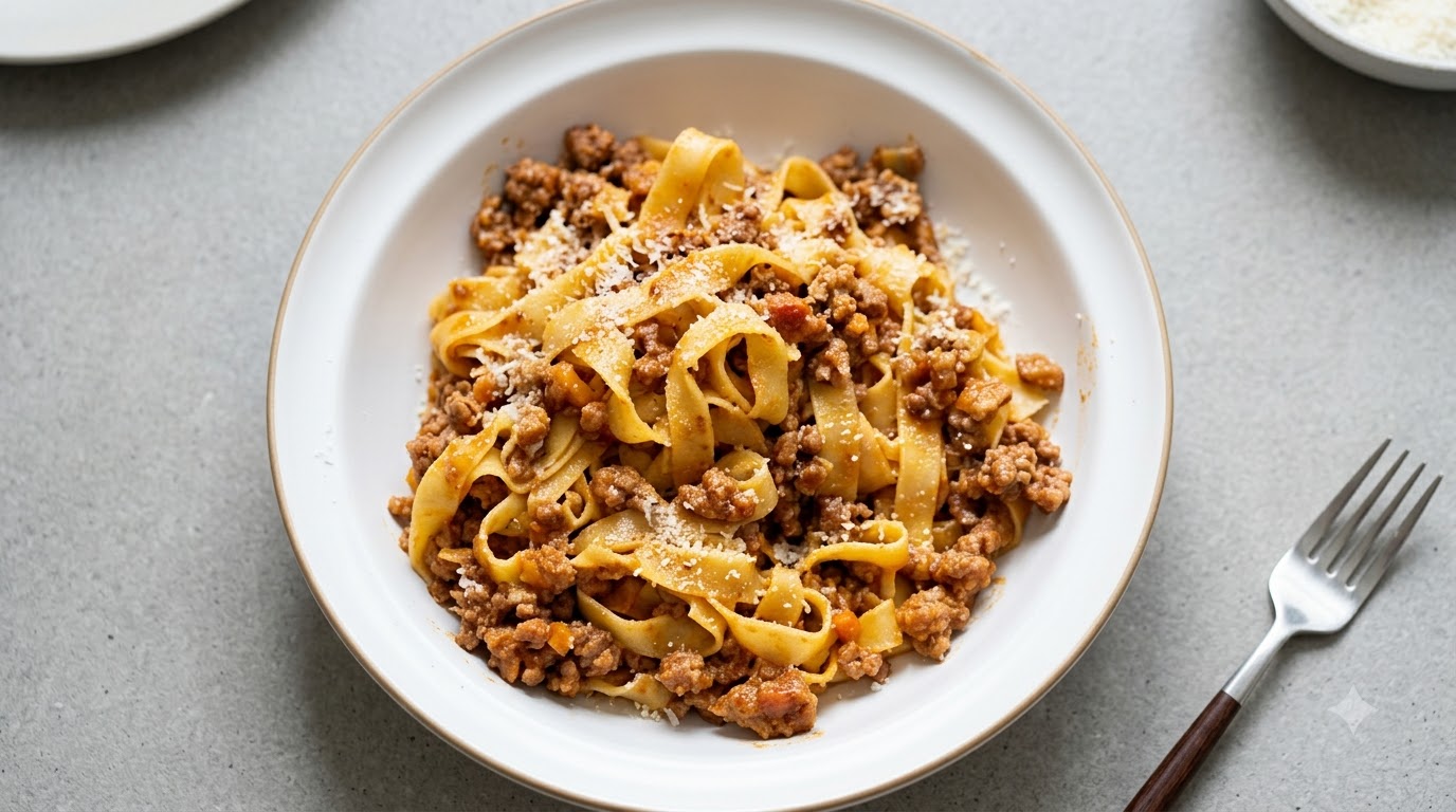 Un plato de tagliatelle al ragú con anchas cintas de pasta al huevo mezcladas en una rica salsa de carne y parmesano