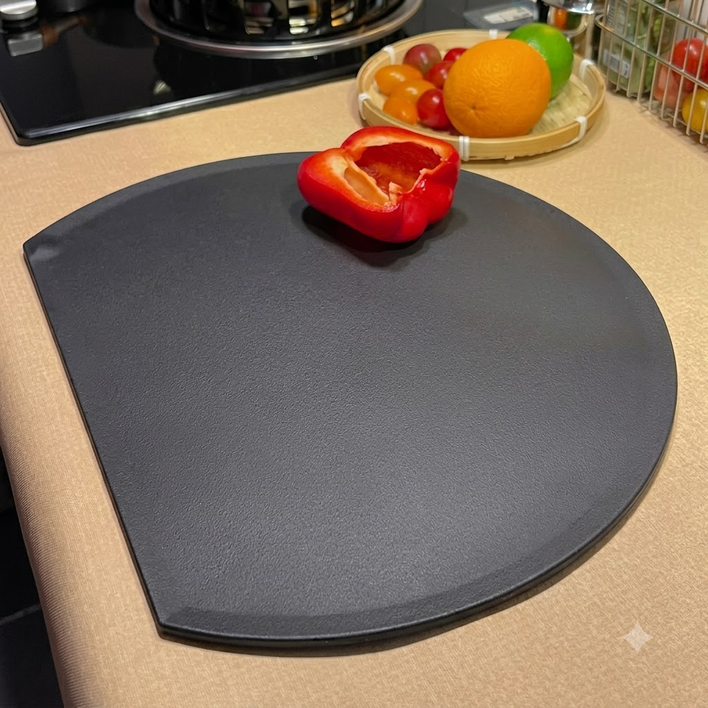 Un pimiento rojo fresco cortado en tiras uniformes dispuestas ordenadamente sobre una tabla de cortar negra.