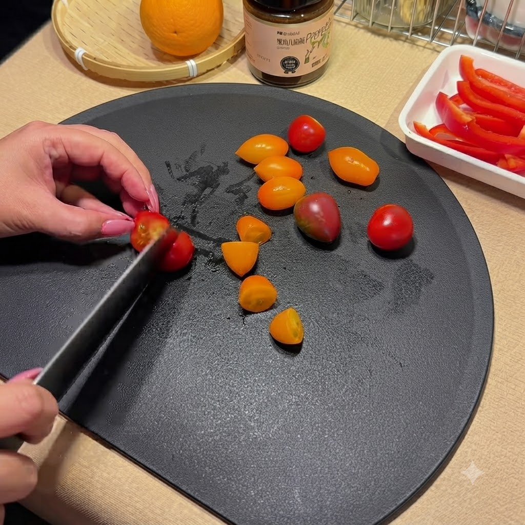 Un cuchillo de chef cortando tomates cherry coloridos a la mitad sobre una tabla de cortar negra.