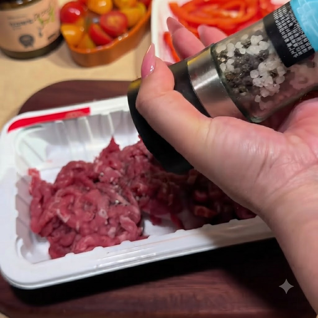 Una mano usando un molinillo de pimienta para sazonar tiras de carne cruda en una bandeja de plástico blanca.