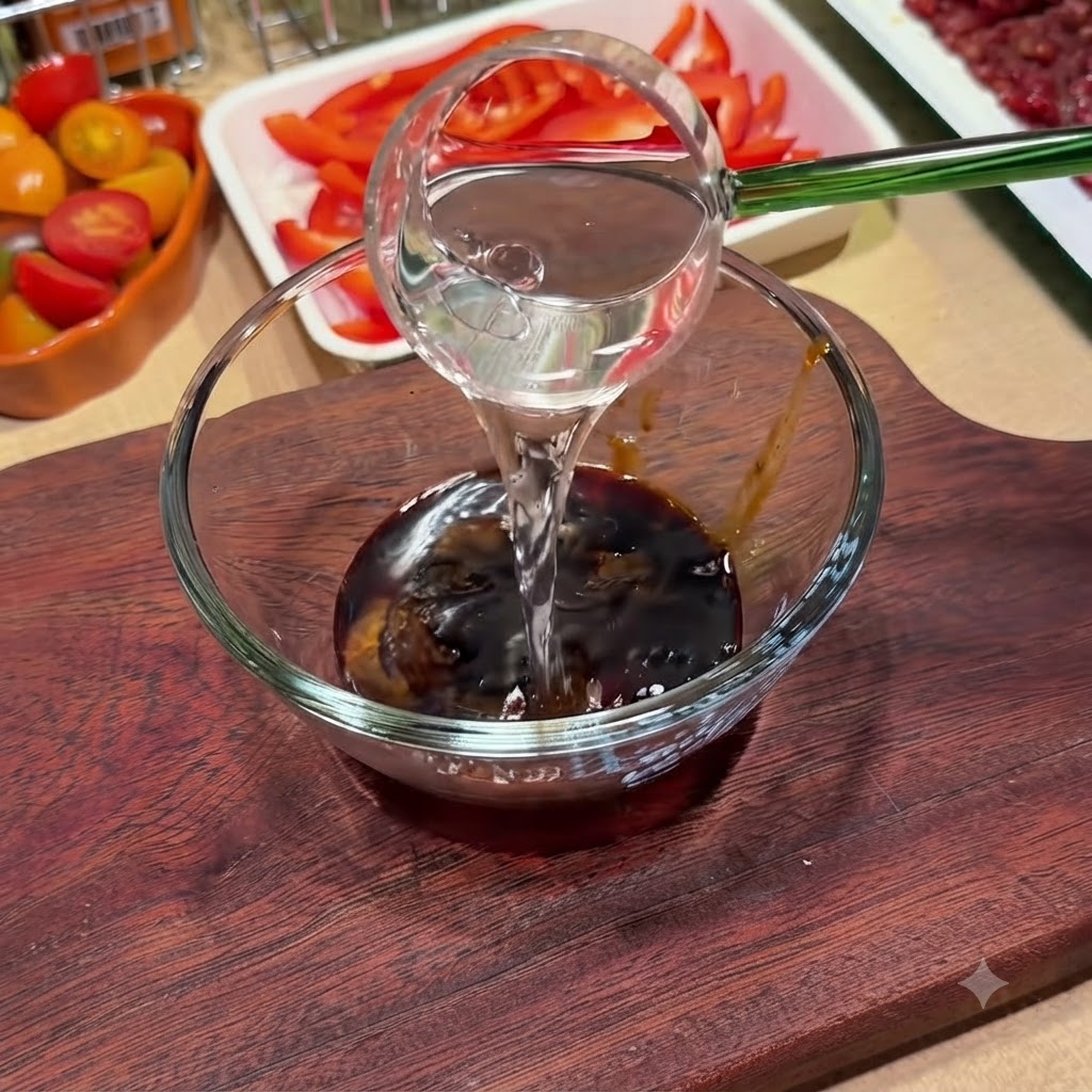 Líquido vertiéndose en un bol de vidrio transparente que contiene los ingredientes de la salsa mezclados sobre una tabla de madera.