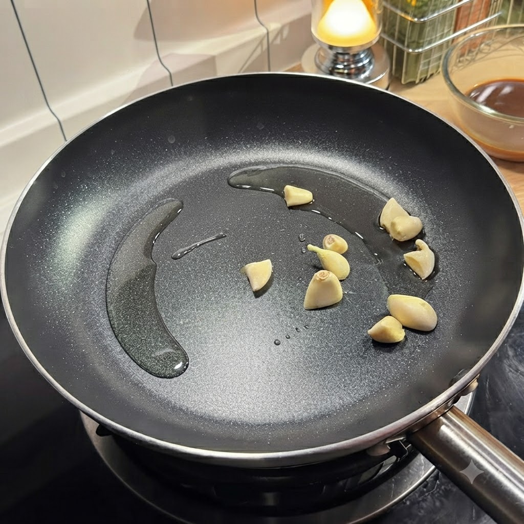 Dientes de ajo pelados friéndose en aceite de cocina dentro de una sartén negra caliente.