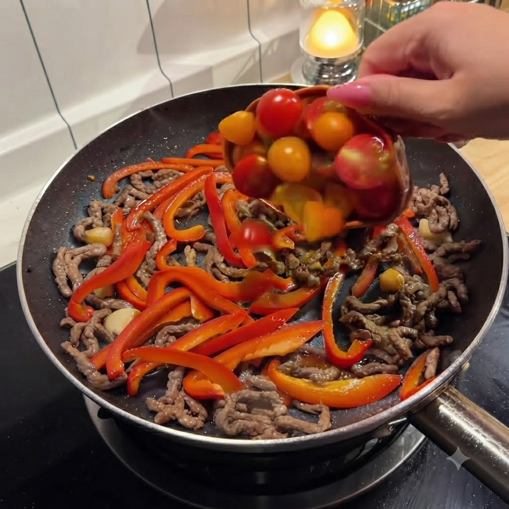 Tomates cherry partidos a la mitad vertiéndose desde un bol hacia la sartén con carne y pimientos rojos.