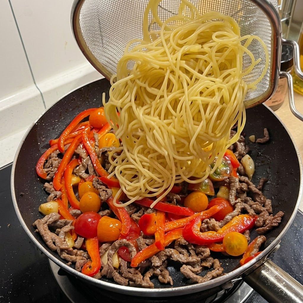Fideos de espagueti cocidos vertiéndose desde un colador de malla hacia la sartén.