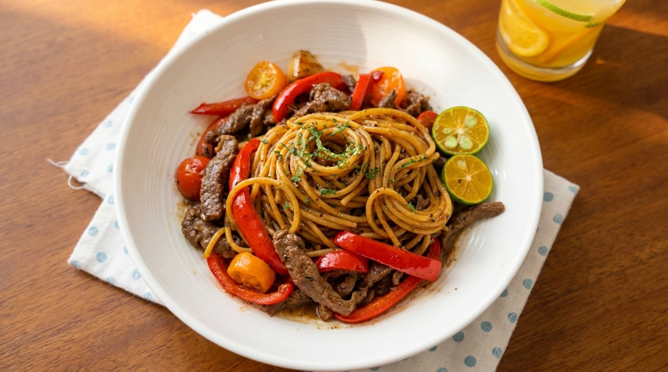 Pasta con Carne a la Pimienta Negra