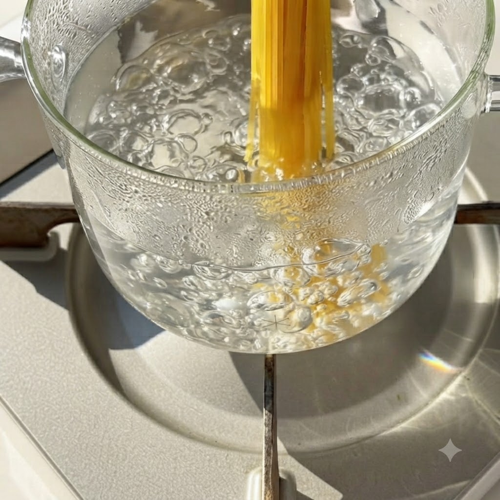 Fideos de espagueti sumergiéndose en una olla de vidrio transparente con agua hirviendo vigorosamente en la estufa.
