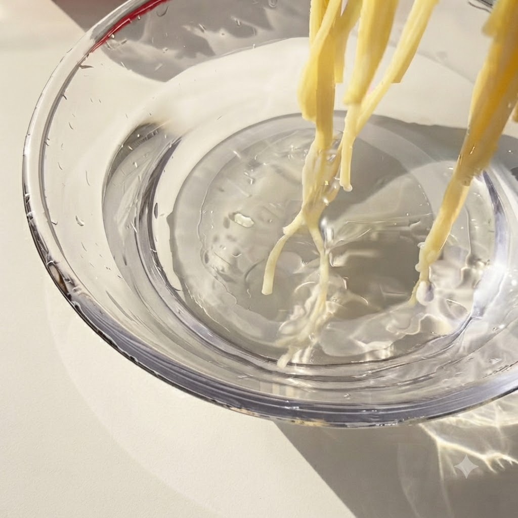 Fideos de espagueti cocidos siendo transferidos con pinzas a un tazón de vidrio con agua fría.