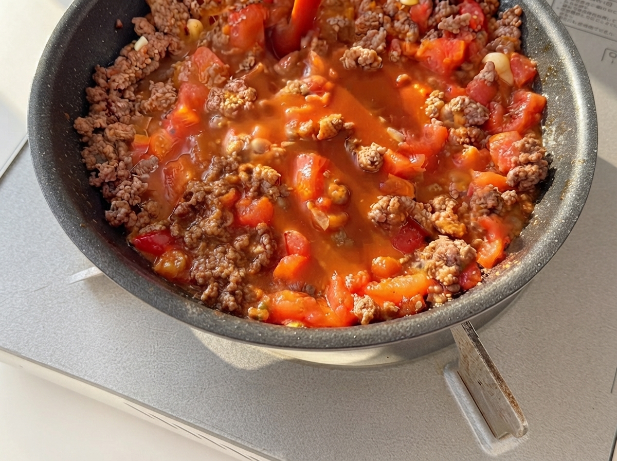 Una mezcla de salsa de color rojizo oscuro siendo vertida sobre carne picada y tomates cocidos en una sartén.