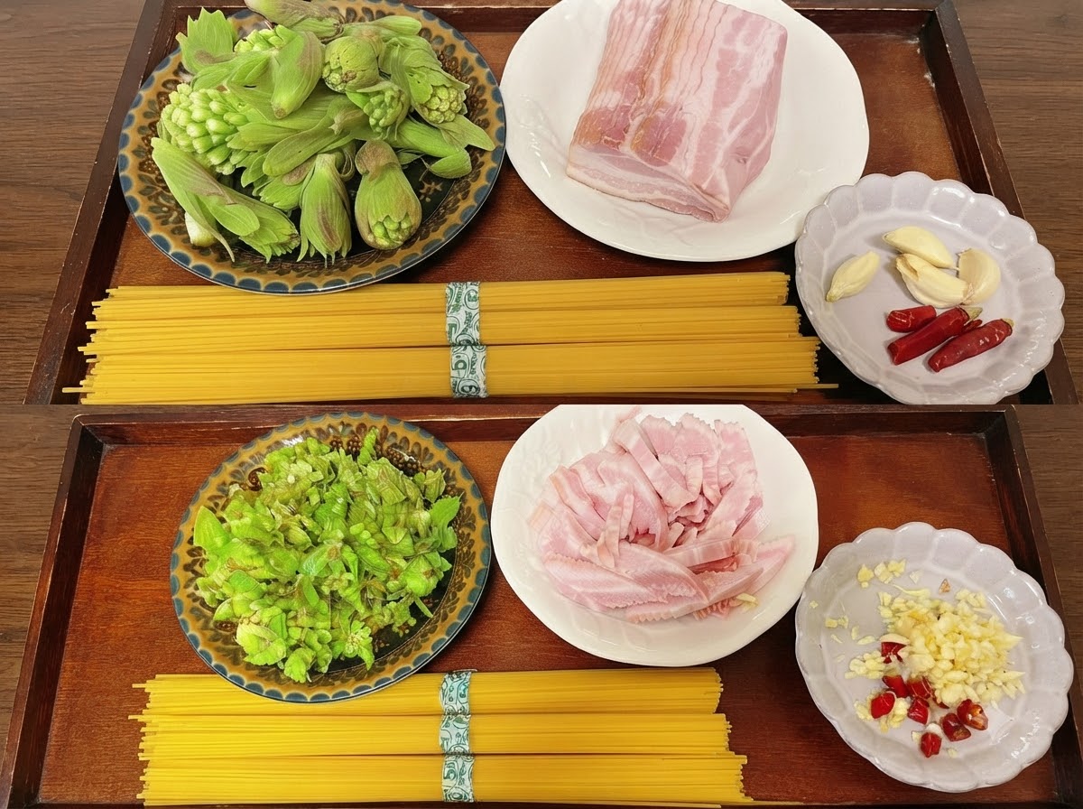 Ajo picado y rodajas de chile seco friéndose en aceite en una sartén junto a lonchas de tocino que sueltan su grasa.